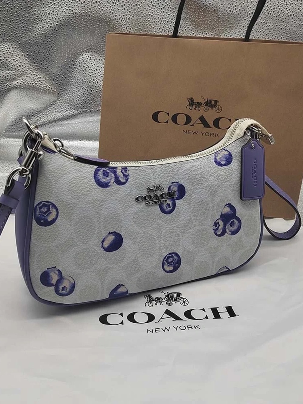 Coach White Shoulder Bag with Purple Blueberry Print